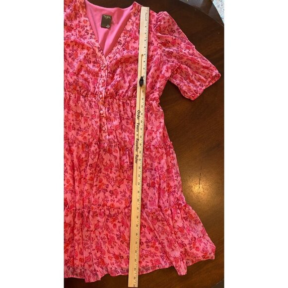 Taylor Pink Floral Print Dress 12 V-Neck Button Front Tiered Midi Lined Artsy - Picture 7 of 15